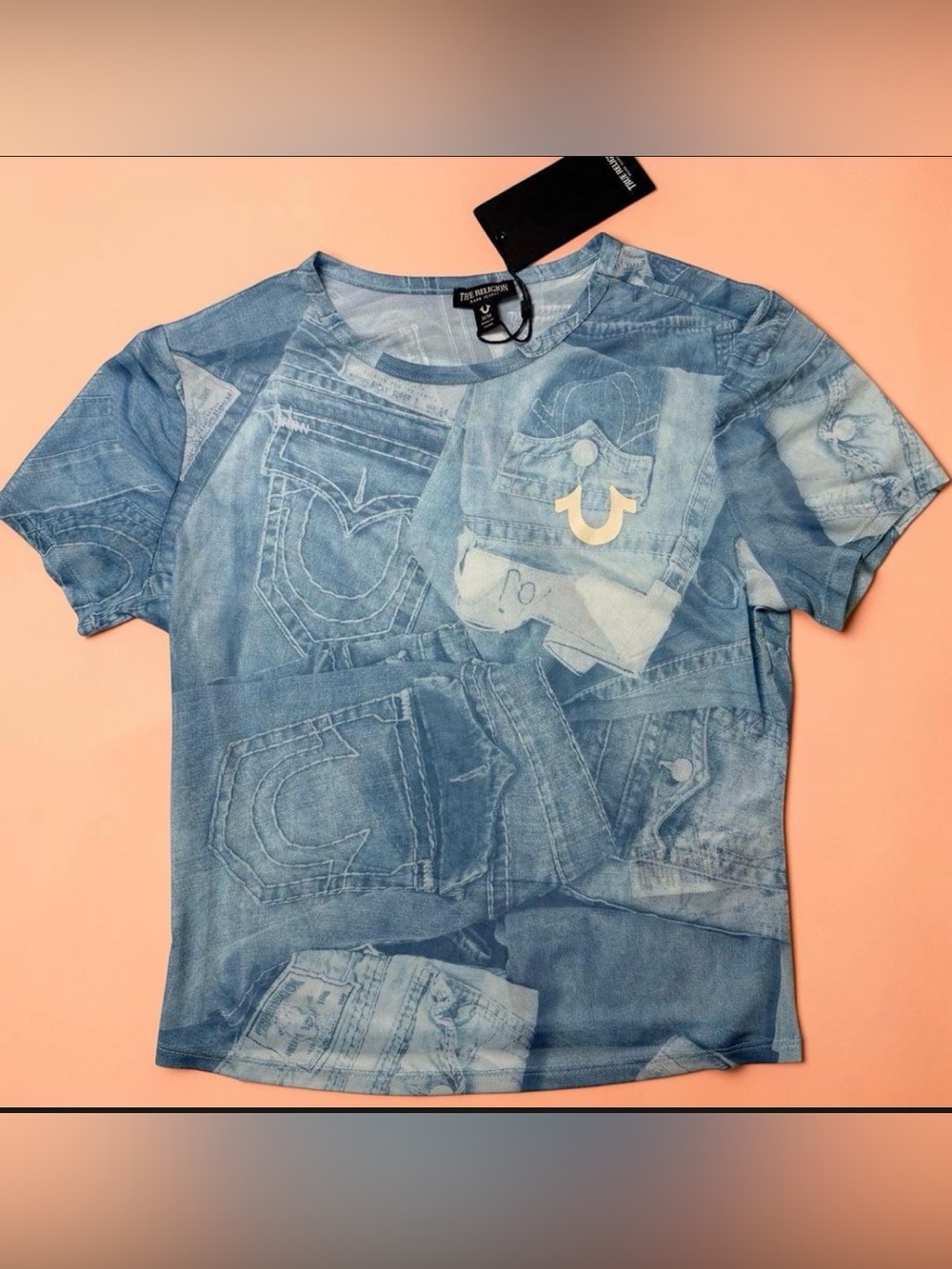 True Religion Light Blue Denim Pocket Print Tee with Horseshoe